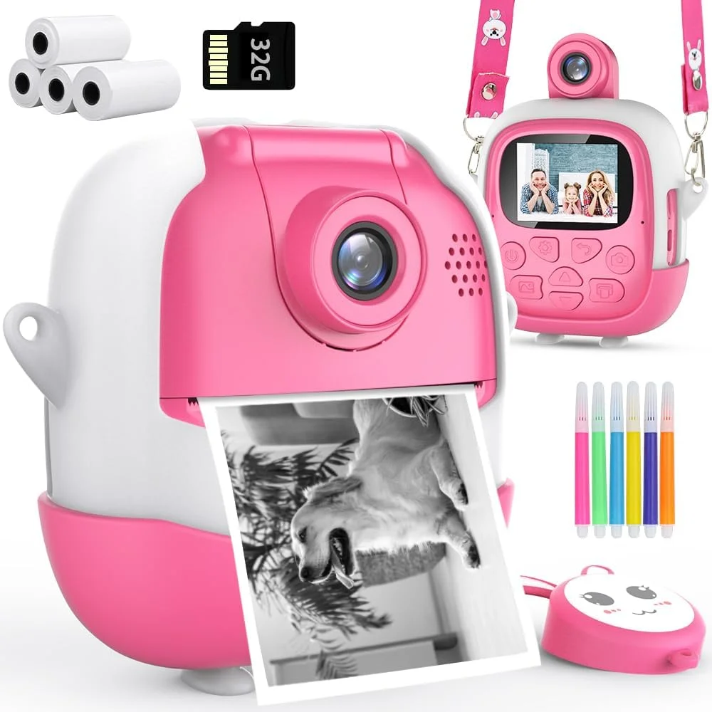 دوربین فوری کودکان دوربین دیجیتال 1080P با لنز چرخان 180 درجه، 4 رول کاغذ چاپ و کارت 32 گیگابایتی، دوربین اسباب بازی عکس فوری با 6 قلم رنگی، هدیه برای کودکان