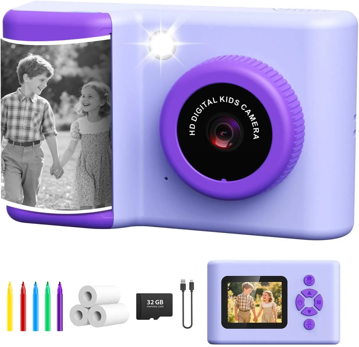 دوربین فوری کودکانه 2.4 اینچی با فلاش LED، کارت 32 گیگابایتی و کاغذ چاپ، دوربین دیجیتال 20 مگاپیکسلی 1080P، هدیه چاپ فوری برای دختران و پسران 3-12 ساله - بنفش
