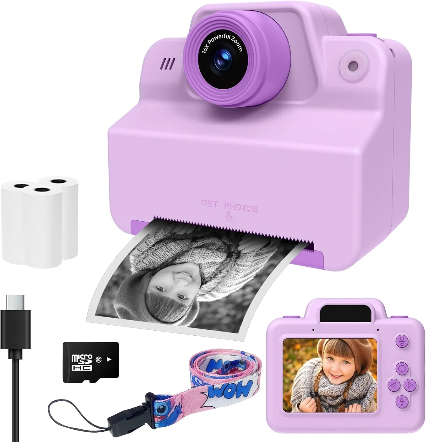 دوربین کودکان، دوربین فوری، دوربین دیجیتال 2.4 اینچی، دوربین کودکان با کاغذ چاپ، هدیه برای دختران و پسران 3-12 ساله، دوربین فیلمبرداری، دوربین عکاسی، عکس های فوری، اسباب بازی کریسمس (بنفش)