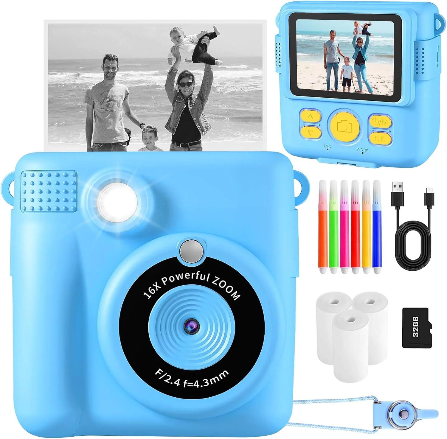 دوربین کودکان CHRERNA، هدیه ای برای کودکان 3 تا 12 سال، پسران و دختران، دوربین ویدیویی 1080P HD 2.4 اینچی با کارت TF 32 گیگابایتی، 3 رول کاغذ چاپ، 5 قلم رنگی