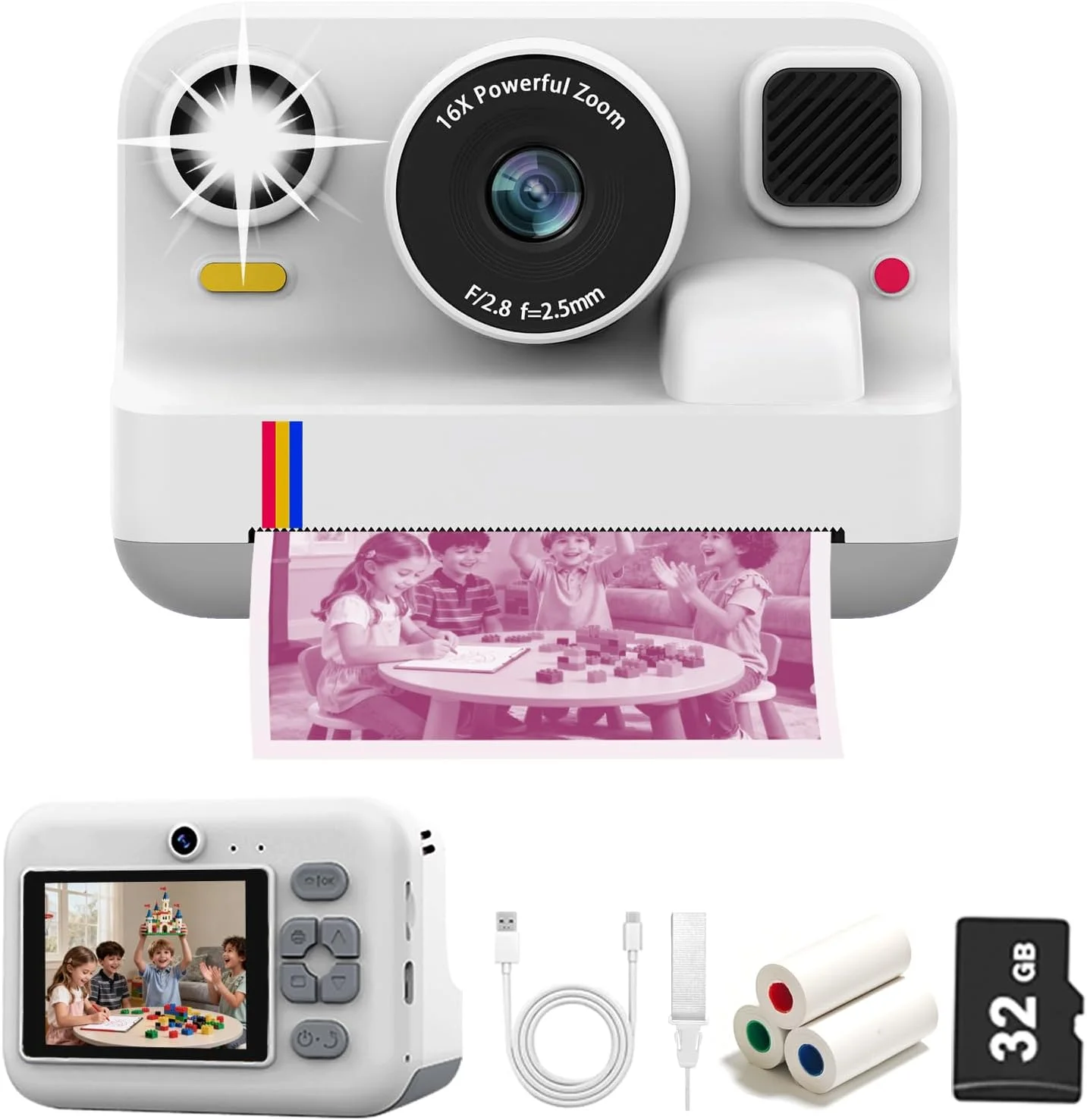 دوربین چاپ فوری برای کودکان، دوربین دیجیتال فوری، هدیه تولد کریسمس برای دختران و پسران 3-16 ساله، چاپگر اسباب بازی دوربین قابل حمل برای کودکان نوپا با کارت 32 گیگابایتی و 3 رول کاغذ چاپ