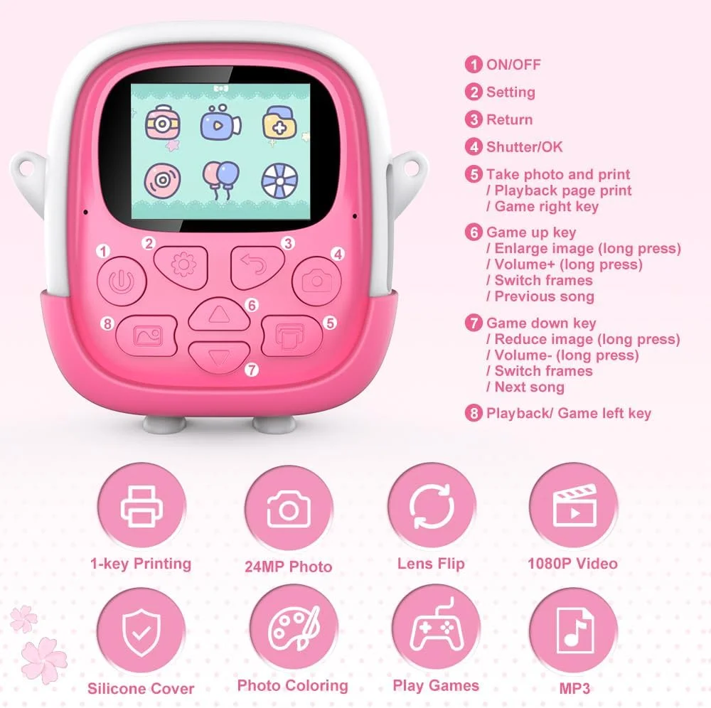 دوربین فوری کودکان دوربین دیجیتال 1080P با لنز چرخان 180 درجه، 4 رول کاغذ چاپ و کارت 32 گیگابایتی، دوربین اسباب بازی عکس فوری با 6 قلم رنگی، هدیه برای کودکان