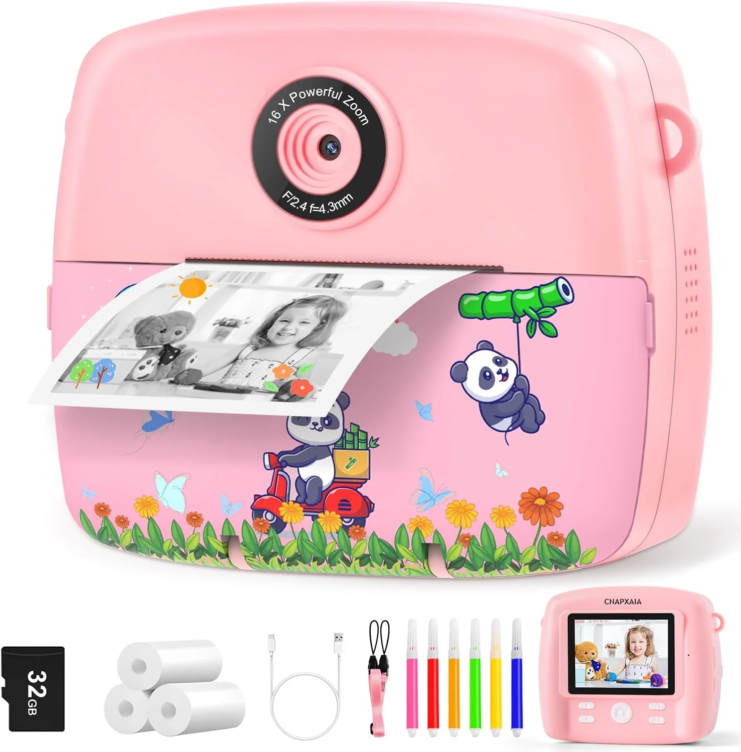 دوربین چاپ فوری کودکانه CNAPXAIA، دوربین عکاسی 2.4 اینچی، چاپ فوری با کارت 32 گیگابایتی و 3 رول کاغذ چاپ، اسباب بازی هدیه خلاقانه برای دختران 3 تا 12 سال (صورتی)