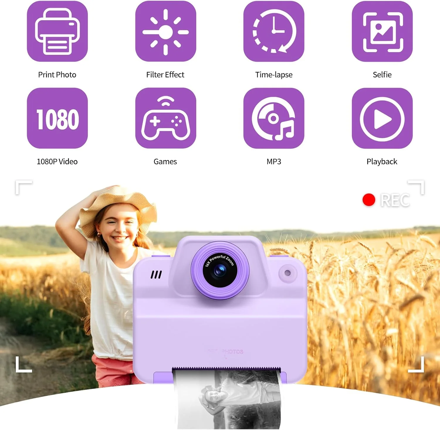 دوربین کودکان، دوربین فوری، دوربین دیجیتال 2.4 اینچی، دوربین کودکان با کاغذ چاپ، هدیه برای دختران و پسران 3-12 ساله، دوربین فیلمبرداری، دوربین عکاسی، عکس های فوری، اسباب بازی کریسمس (بنفش)
