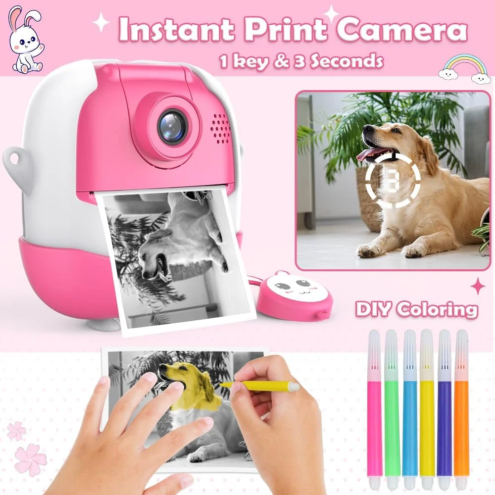 دوربین فوری کودکان دوربین دیجیتال 1080P با لنز چرخان 180 درجه، 4 رول کاغذ چاپ و کارت 32 گیگابایتی، دوربین اسباب بازی عکس فوری با 6 قلم رنگی، هدیه برای کودکان