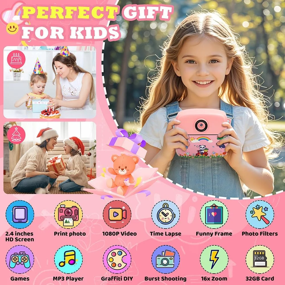 دوربین چاپ فوری کودکانه CNAPXAIA، دوربین عکاسی 2.4 اینچی، چاپ فوری با کارت 32 گیگابایتی و 3 رول کاغذ چاپ، اسباب بازی هدیه خلاقانه برای دختران 3 تا 12 سال (صورتی)