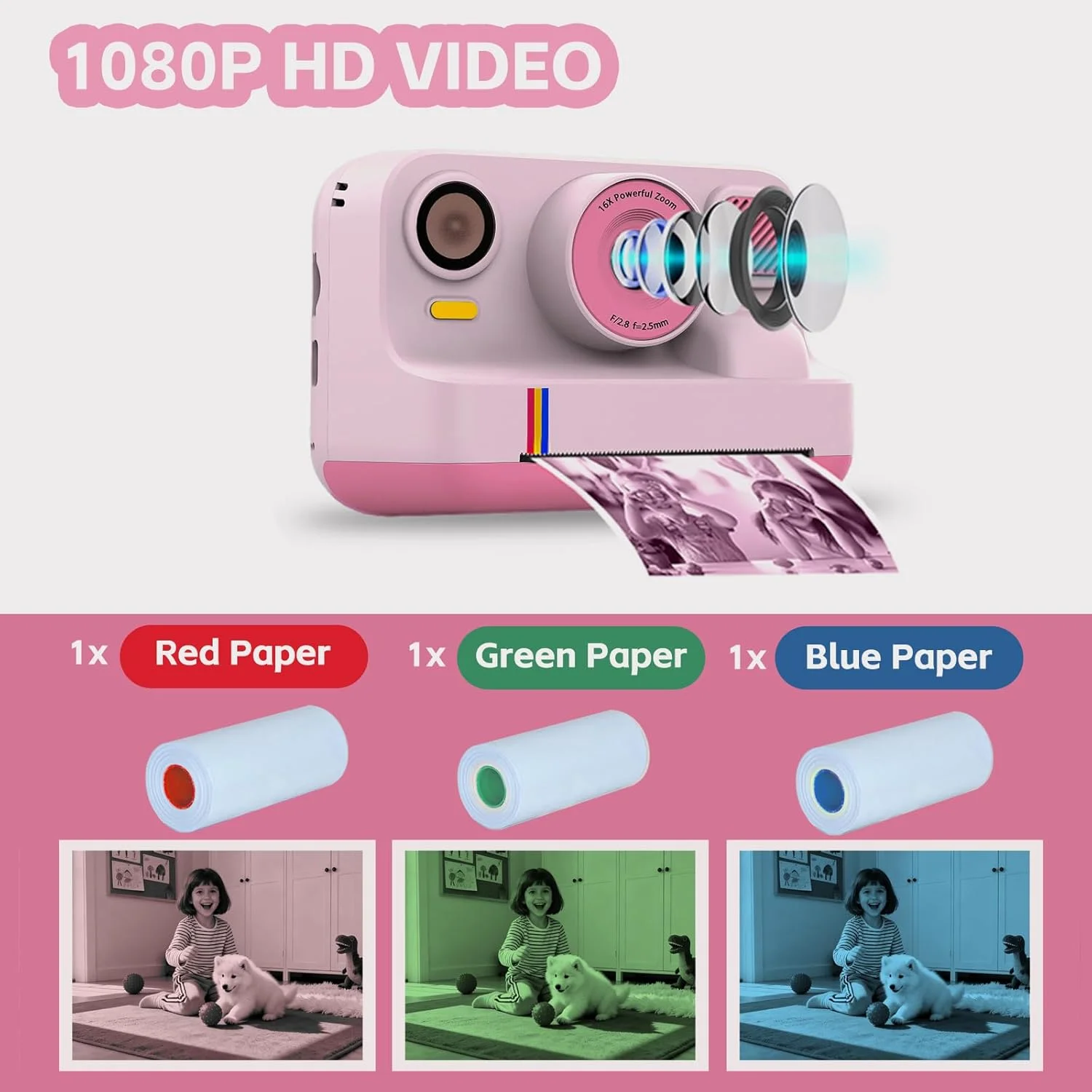 دوربین چاپ فوری برای کودکان، دوربین دیجیتال فوری، هدیه تولد کریسمس برای دختران و پسران 3-16 ساله، چاپگر اسباب بازی دوربین قابل حمل برای کودکان نوپا با کارت 32 گیگابایتی و 3 رول کاغذ چاپ