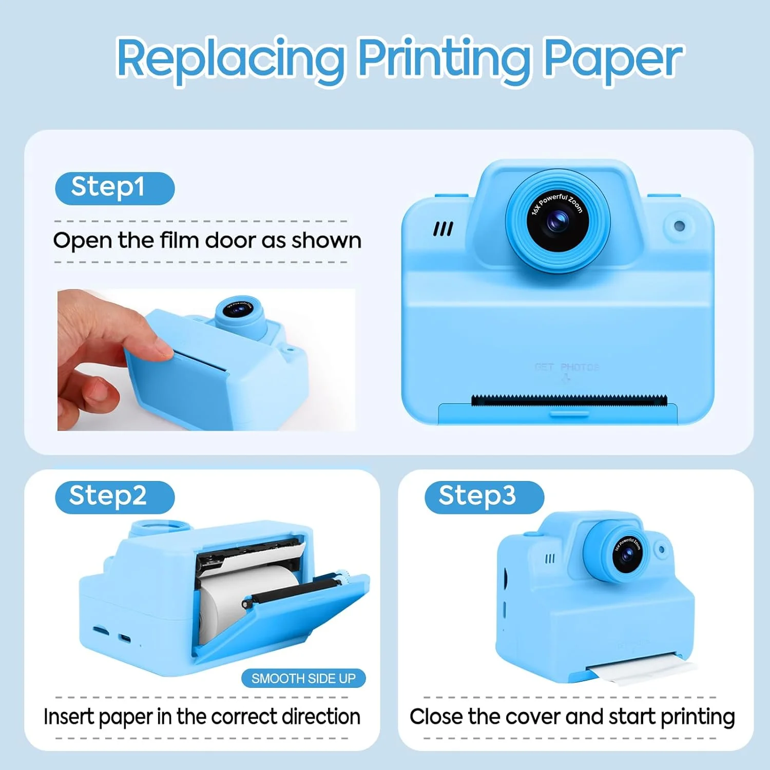 دوربین چاپ فوری کودکانه برای دختران و پسران 3 تا 12 ساله، هدیه تولد و کریسمس، دوربین دیجیتال قابل حمل برای چاپ عکس فوری به همراه 3 رول کاغذ