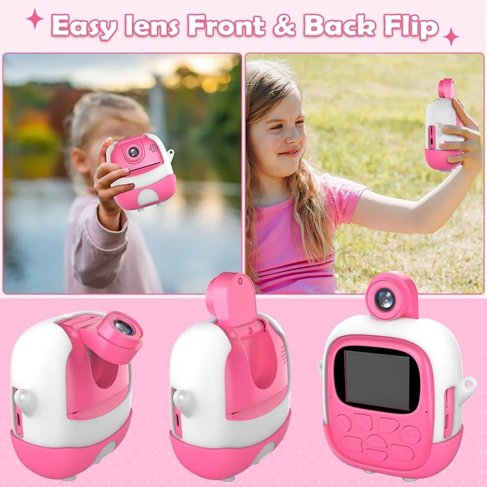 دوربین فوری کودکان دوربین دیجیتال 1080P با لنز چرخان 180 درجه، 4 رول کاغذ چاپ و کارت 32 گیگابایتی، دوربین اسباب بازی عکس فوری با 6 قلم رنگی، هدیه برای کودکان