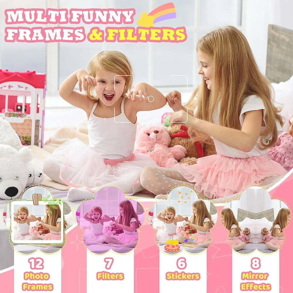 دوربین چاپ فوری کودکانه CNAPXAIA، دوربین عکاسی 2.4 اینچی، چاپ فوری با کارت 32 گیگابایتی و 3 رول کاغذ چاپ، اسباب بازی هدیه خلاقانه برای دختران 3 تا 12 سال (صورتی)