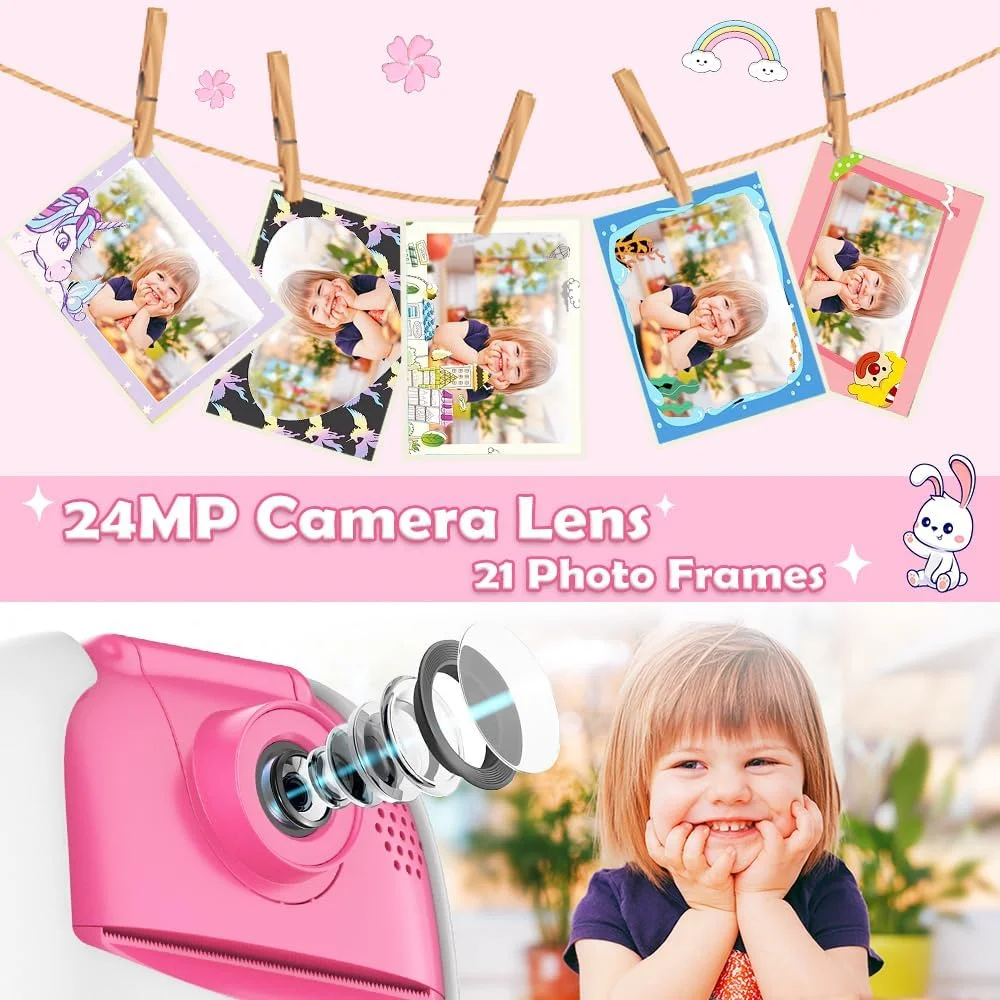 دوربین فوری کودکان دوربین دیجیتال 1080P با لنز چرخان 180 درجه، 4 رول کاغذ چاپ و کارت 32 گیگابایتی، دوربین اسباب بازی عکس فوری با 6 قلم رنگی، هدیه برای کودکان
