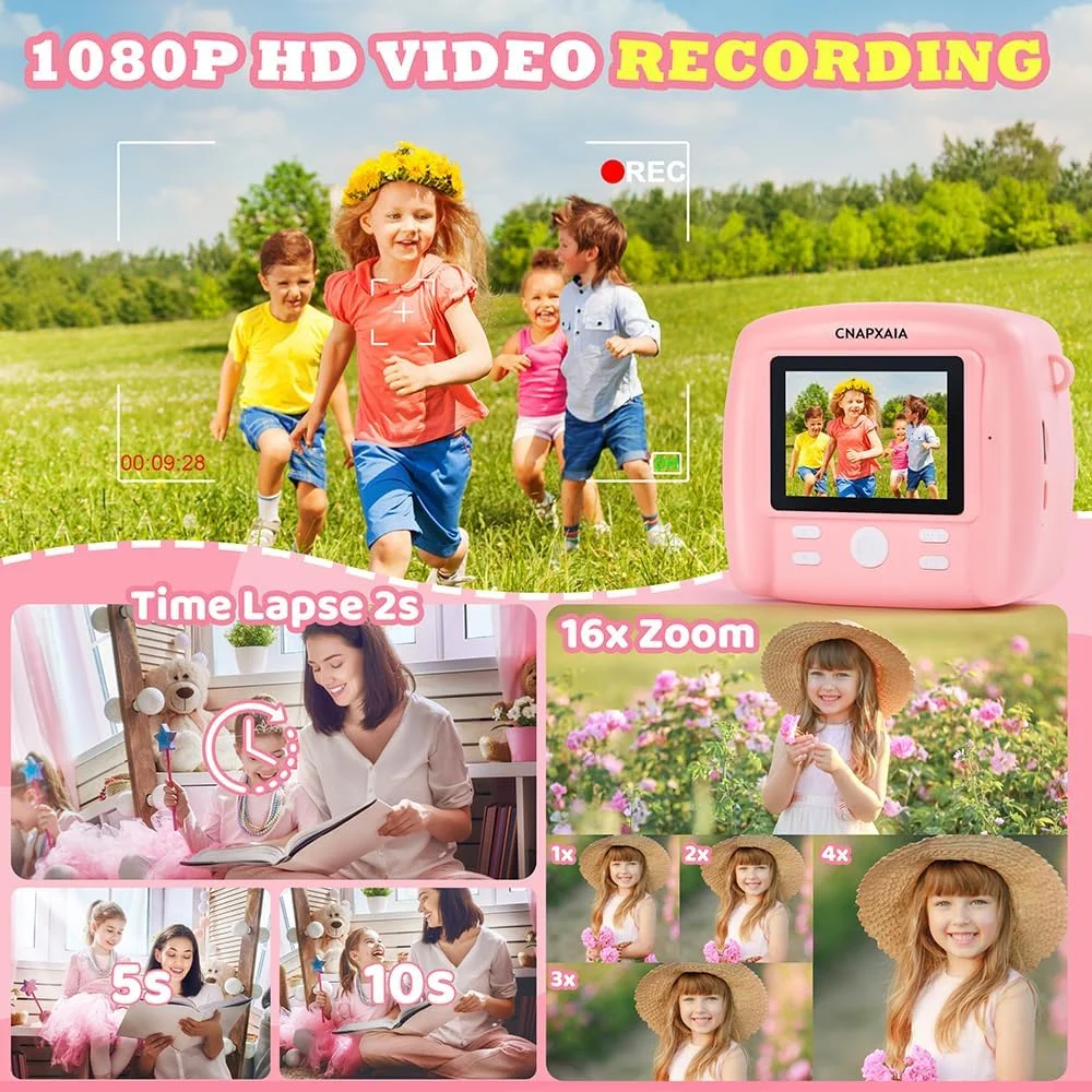 دوربین چاپ فوری کودکانه CNAPXAIA، دوربین عکاسی 2.4 اینچی، چاپ فوری با کارت 32 گیگابایتی و 3 رول کاغذ چاپ، اسباب بازی هدیه خلاقانه برای دختران 3 تا 12 سال (صورتی)