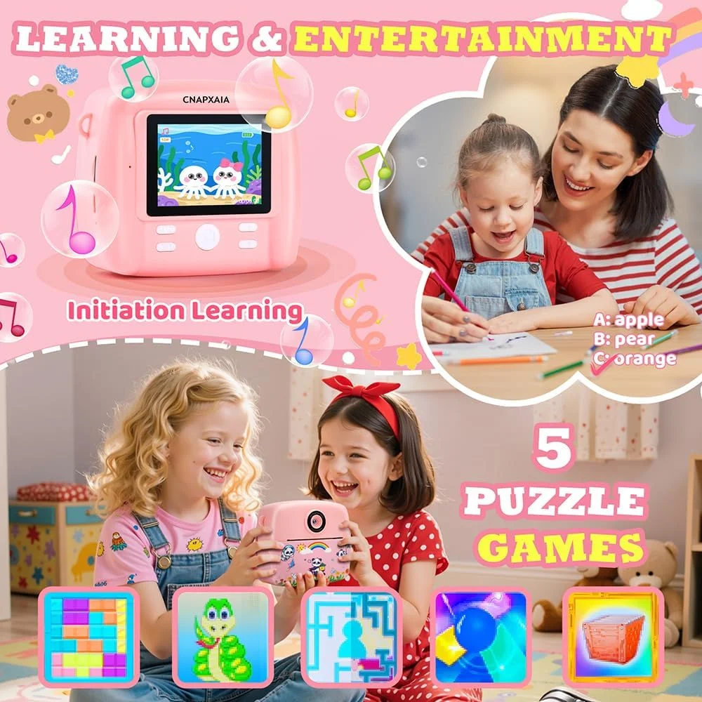 دوربین چاپ فوری کودکانه CNAPXAIA، دوربین عکاسی 2.4 اینچی، چاپ فوری با کارت 32 گیگابایتی و 3 رول کاغذ چاپ، اسباب بازی هدیه خلاقانه برای دختران 3 تا 12 سال (صورتی)