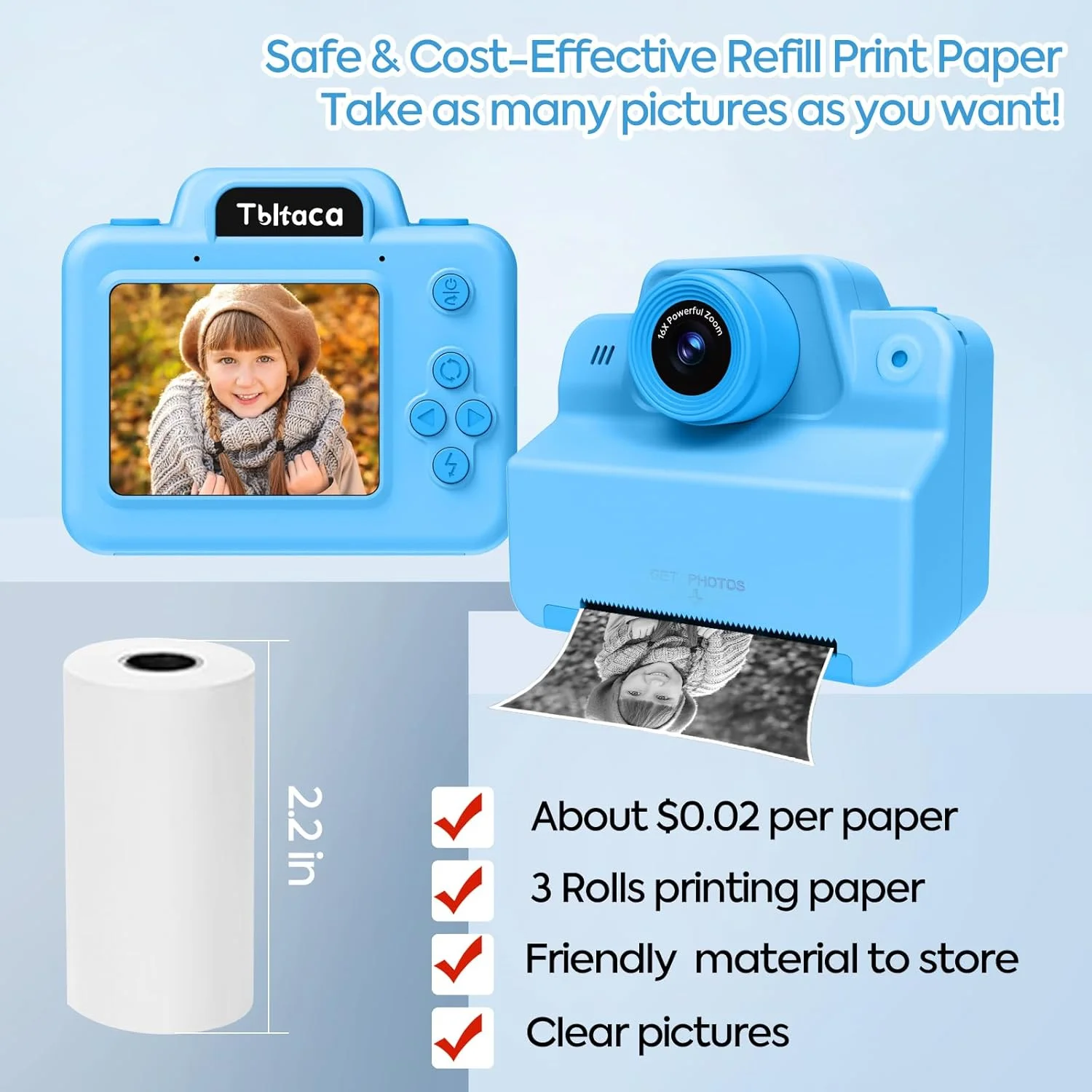 دوربین چاپ فوری کودکانه برای دختران و پسران 3 تا 12 ساله، هدیه تولد و کریسمس، دوربین دیجیتال قابل حمل برای چاپ عکس فوری به همراه 3 رول کاغذ