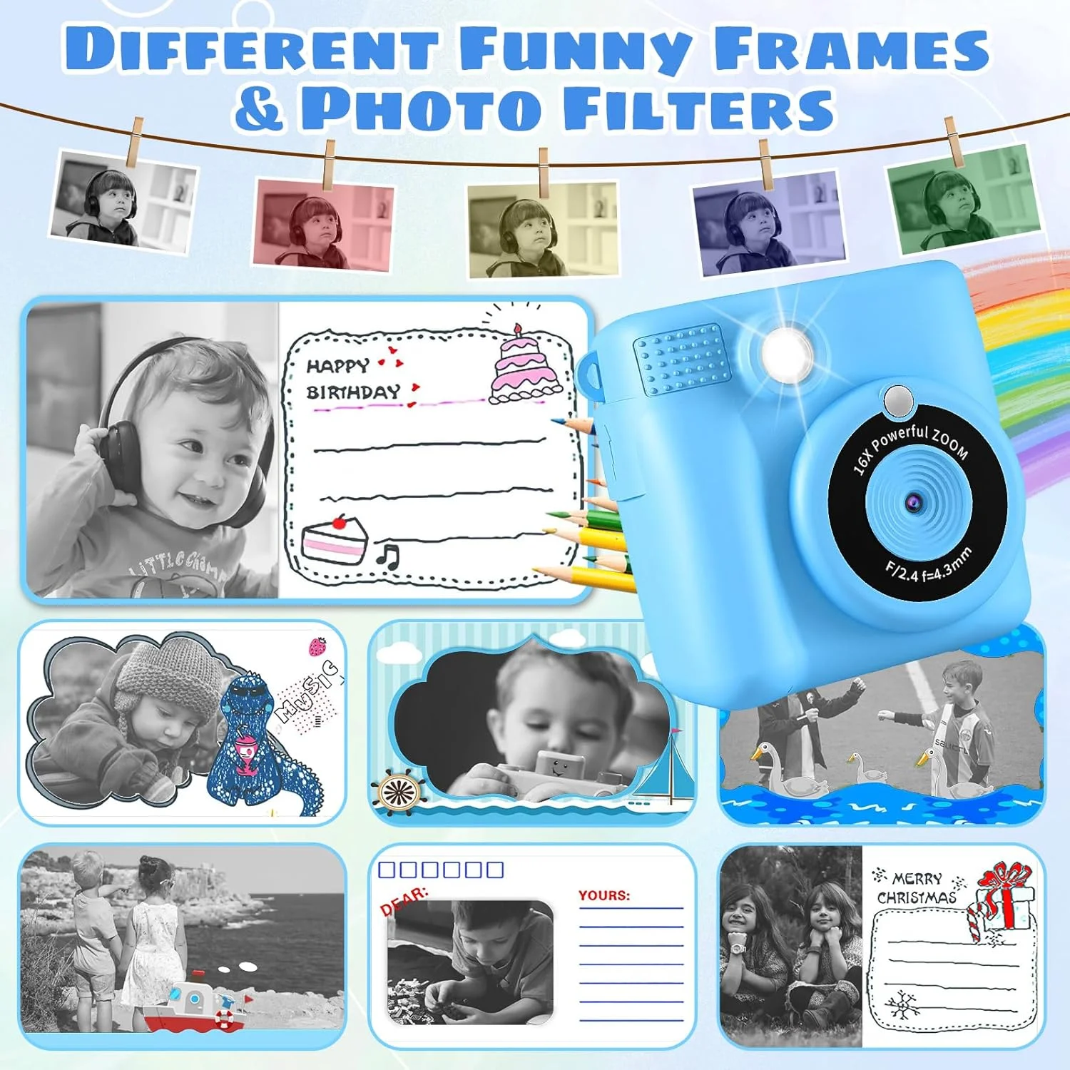 دوربین کودکان CHRERNA، هدیه ای برای کودکان 3 تا 12 سال، پسران و دختران، دوربین ویدیویی 1080P HD 2.4 اینچی با کارت TF 32 گیگابایتی، 3 رول کاغذ چاپ، 5 قلم رنگی