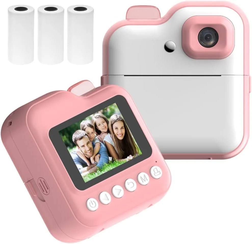 دوربین چاپ فوری کودکانه و مینی پرینتر حرارتی بلوتوثی (3 رول)، دوربین با صفحه نمایش 2.4 اینچی، عکس 48 مگاپیکسلی و فیلم 1080P، پشتیبانی از نور RGB، چاپ حرارتی بدون جوهر برای هدیه دختران و پسران (صورتی)
