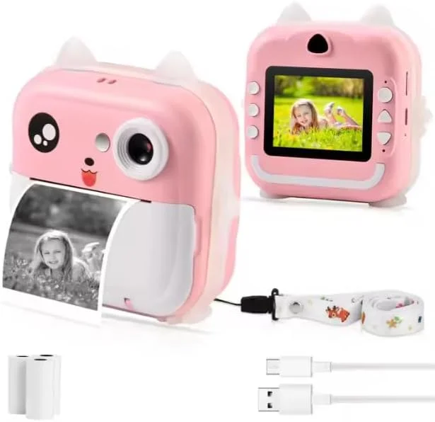 دوربین چاپ فوری کودکانه و چاپگر حرارتی کوچک بلوتوثی (3 رول کاغذ چاپ)، دوربین با صفحه نمایش 2.4 اینچی، عکس 48 مگاپیکسلی و فیلم 1080P، چاپگر عکس با بلوتوث هدیه برای دختران و پسران (صورتی)