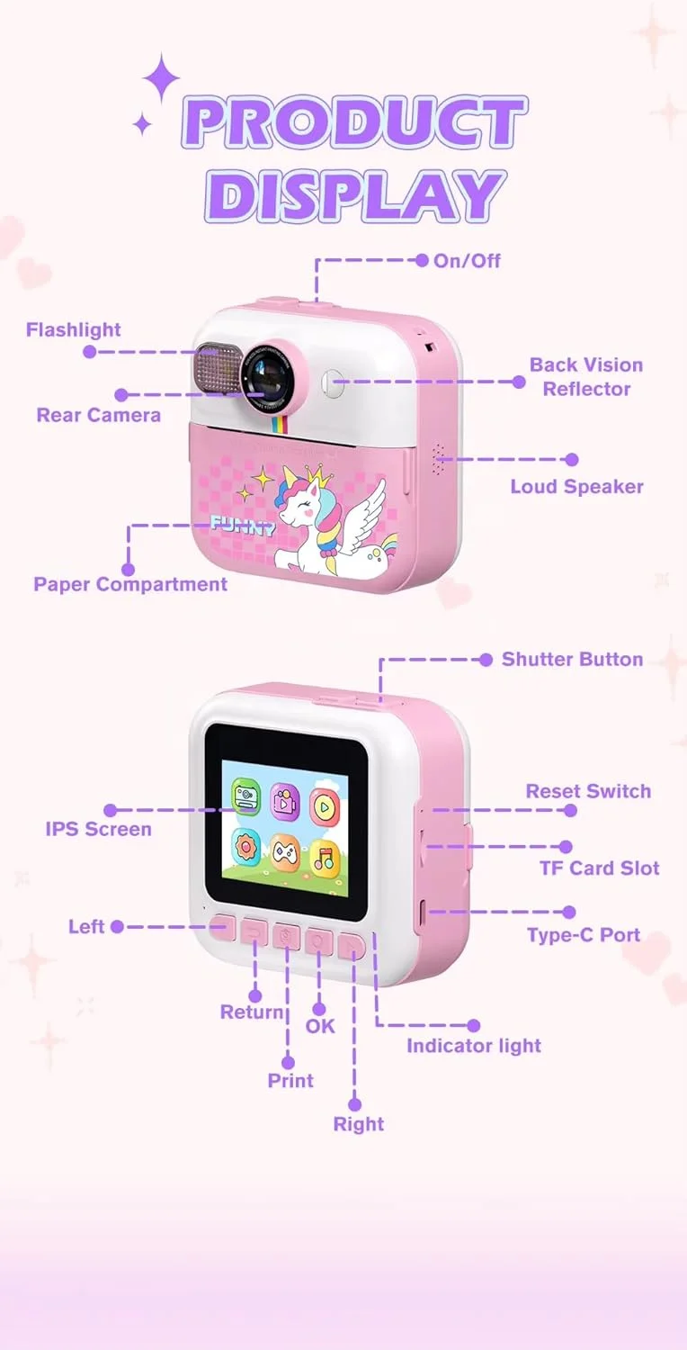 دوربین چاپ فوری کودکانه CP02 با صفحه نمایش HD 2.4 اینچی، چاپ حرارتی، باتری 1500 میلی آمپری | دوربین دیجیتال برای کودکان 3-14 سال | عکس HD، فیلم FHD، MP3، بازی ها | هدیه برای پسران و دختران (آبی)