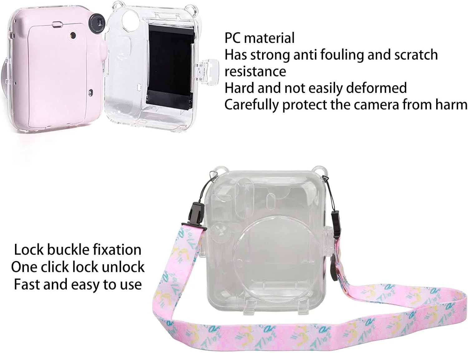 کیف محافظ شفاف و بادوام دوربین فوری Cryfokt برای مینی 12 + کیت استیکر بند شانه، برای کاربران دوربین مینی 12 [جنس PC] (صورتی)