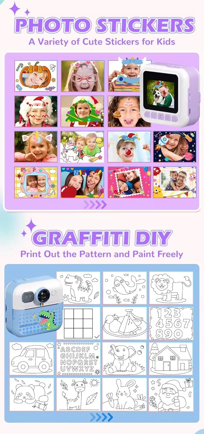 دوربین چاپ فوری کودکانه CP02 با صفحه نمایش HD 2.4 اینچی، چاپ حرارتی، باتری 1500 میلی آمپری | دوربین دیجیتال برای کودکان 3-14 سال | عکس HD، فیلم FHD، MP3، بازی ها | هدیه برای پسران و دختران (آبی)