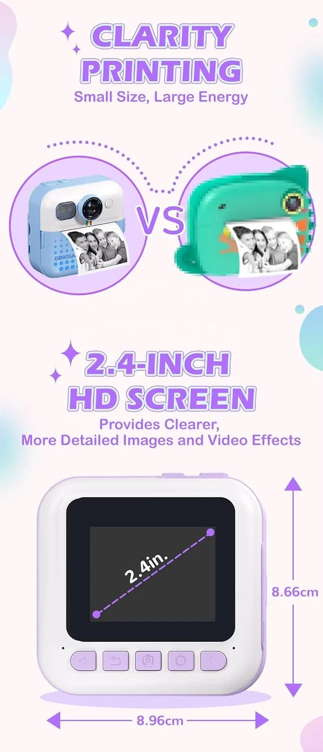 دوربین چاپ فوری کودکانه CP02 با صفحه نمایش HD 2.4 اینچی، چاپ حرارتی، باتری 1500 میلی آمپری | دوربین دیجیتال برای کودکان 3-14 سال | عکس HD، فیلم FHD، MP3، بازی ها | هدیه برای پسران و دختران (آبی)