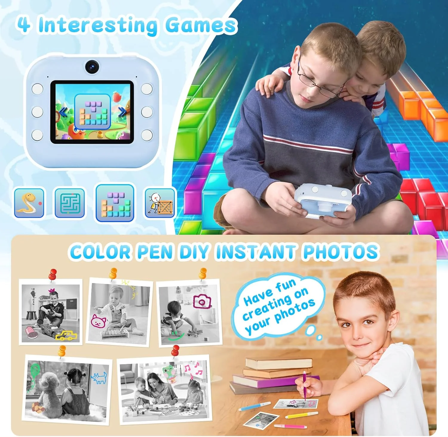 دوربین کودکان، دوربین دوگانه چاپ فوری برای دختران و پسران به همراه کاغذ عکس چاپی و قلم های رنگی برای کارهای هنری، هدیه برای دختران و پسران 3، 4، 5، 6، 7، 8، 9 و 10 ساله، کارت حافظه 32 گیگابایتی - آبی