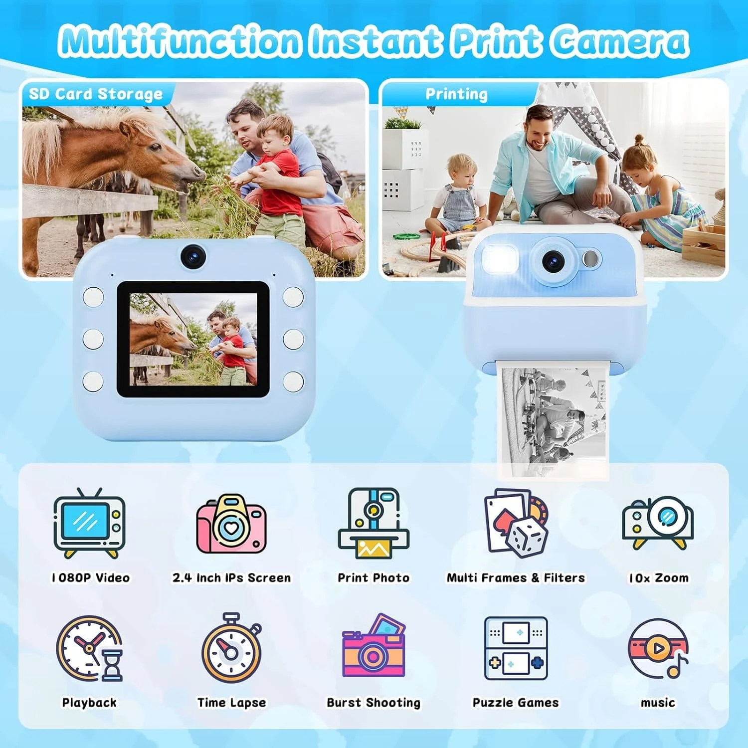 دوربین کودکان، دوربین دوگانه چاپ فوری برای دختران و پسران به همراه کاغذ عکس چاپی و قلم های رنگی برای کارهای هنری، هدیه برای دختران و پسران 3، 4، 5، 6، 7، 8، 9 و 10 ساله، کارت حافظه 32 گیگابایتی - آبی