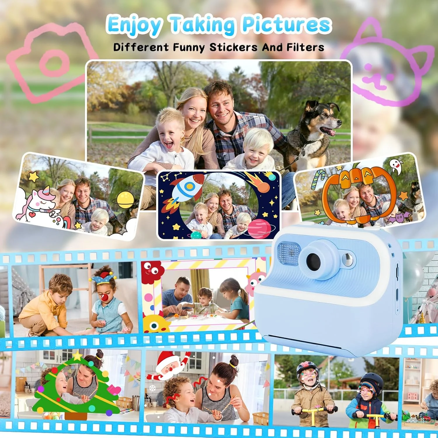 دوربین کودکان، دوربین دوگانه چاپ فوری برای دختران و پسران به همراه کاغذ عکس چاپی و قلم های رنگی برای کارهای هنری، هدیه برای دختران و پسران 3، 4، 5، 6، 7، 8، 9 و 10 ساله، کارت حافظه 32 گیگابایتی - آبی