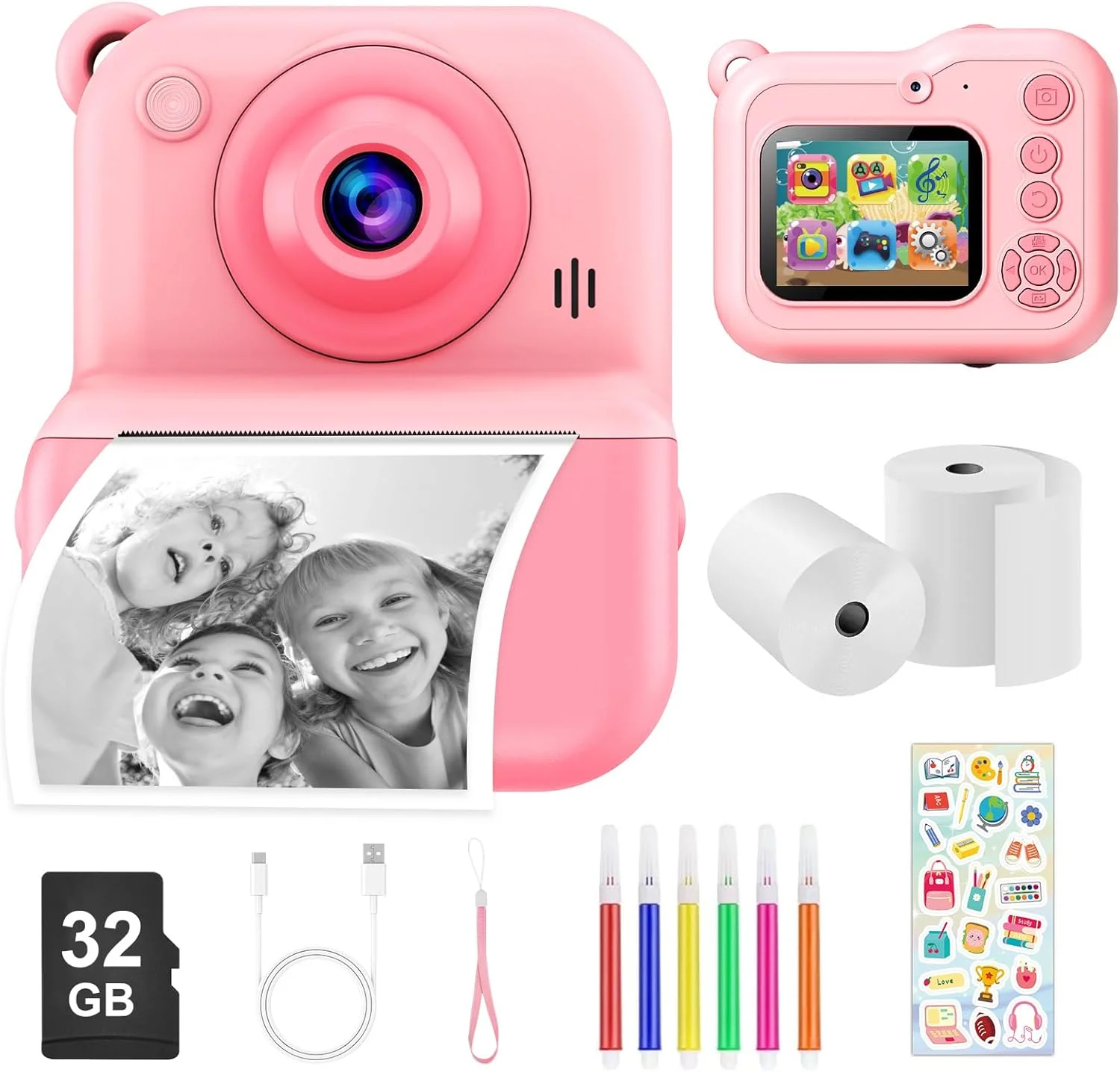 دوربین فوری چاپ کودکان 1440P با کارت 32 گیگابایتی و رول کاغذ چاپ، هدیه ای برای پسران و دختران 3 تا 12 ساله (صورتی)