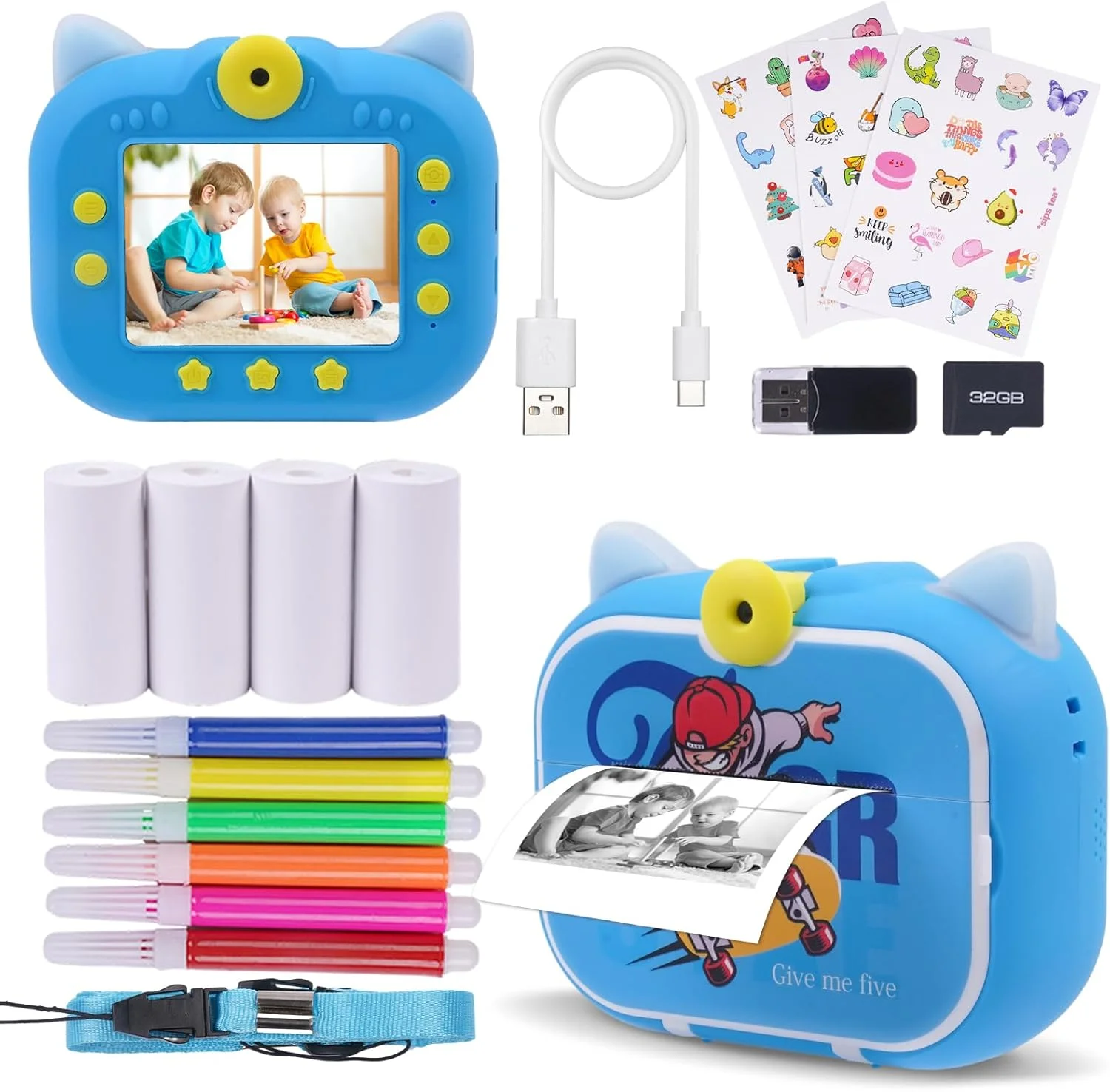 دوربین فوری DYNASONIC برای کودکان (اسکیت باز نسل دوم)، دوربین عکس و فیلم دیجیتال، 48 مگاپیکسل، 2.5K UHD، SD 32 گیگابایت، 4 کاغذ چاپ دیجیتال، هدیه برای کودکان 3 تا 14 سال