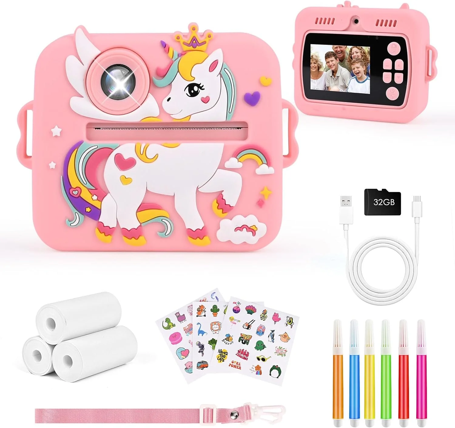 دوربین فوری کودکان، دوربین دیجیتال 1080P HD برای کودکان با صفحه نمایش 2.4 اینچی و کارت حافظه 32 گیگابایتی، دوربین فوری کودکان به همراه 3 رول کاغذ چاپ، هدیه برای دختران و پسران 3 تا 12 سال (صورتی)