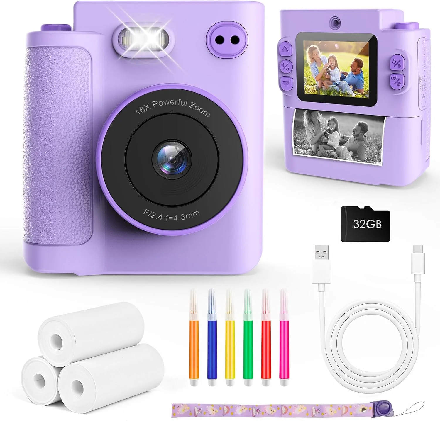 دوربین فوری کودکان Euakee، دوربین دیجیتال HD 1080P برای کودکان با صفحه نمایش 2.4 اینچی و کارت 32 گیگابایتی، دوربین فوری کودکان به همراه 3 رول کاغذ چاپ، هدیه برای پسران و دختران 3 تا 12 سال (بنفش)