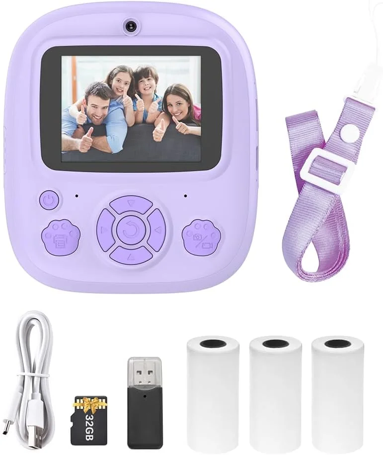 دوربین چاپ فوری حرارتی کودک Fawoonu با صفحه نمایش 2.4 اینچی، دوربین دیجیتال با قابلیت پشتیبانی از تایمر، فیلمبرداری 1080P/720P، چاپ حرارتی بدون جوهر با 3 رول کاغذ چاپ سفید + کارت حافظه 32 گیگابایتی + کارت خوان