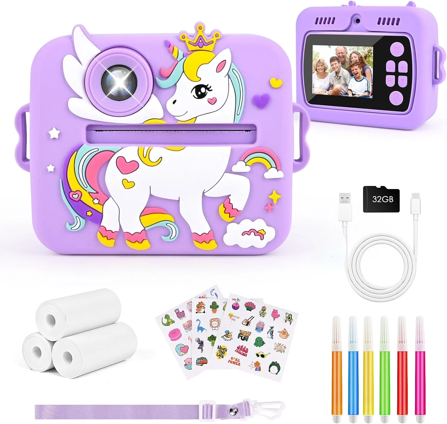 دوربین فوری کودکانه Euakee، دوربین دیجیتال 1080P HD برای کودکان با صفحه نمایش 2.4 اینچی و کارت 32 گیگابایتی، دوربین فوری کودکانه با 3 رول کاغذ چاپ، هدیه برای پسران و دختران 3-12 ساله (بنفش)
