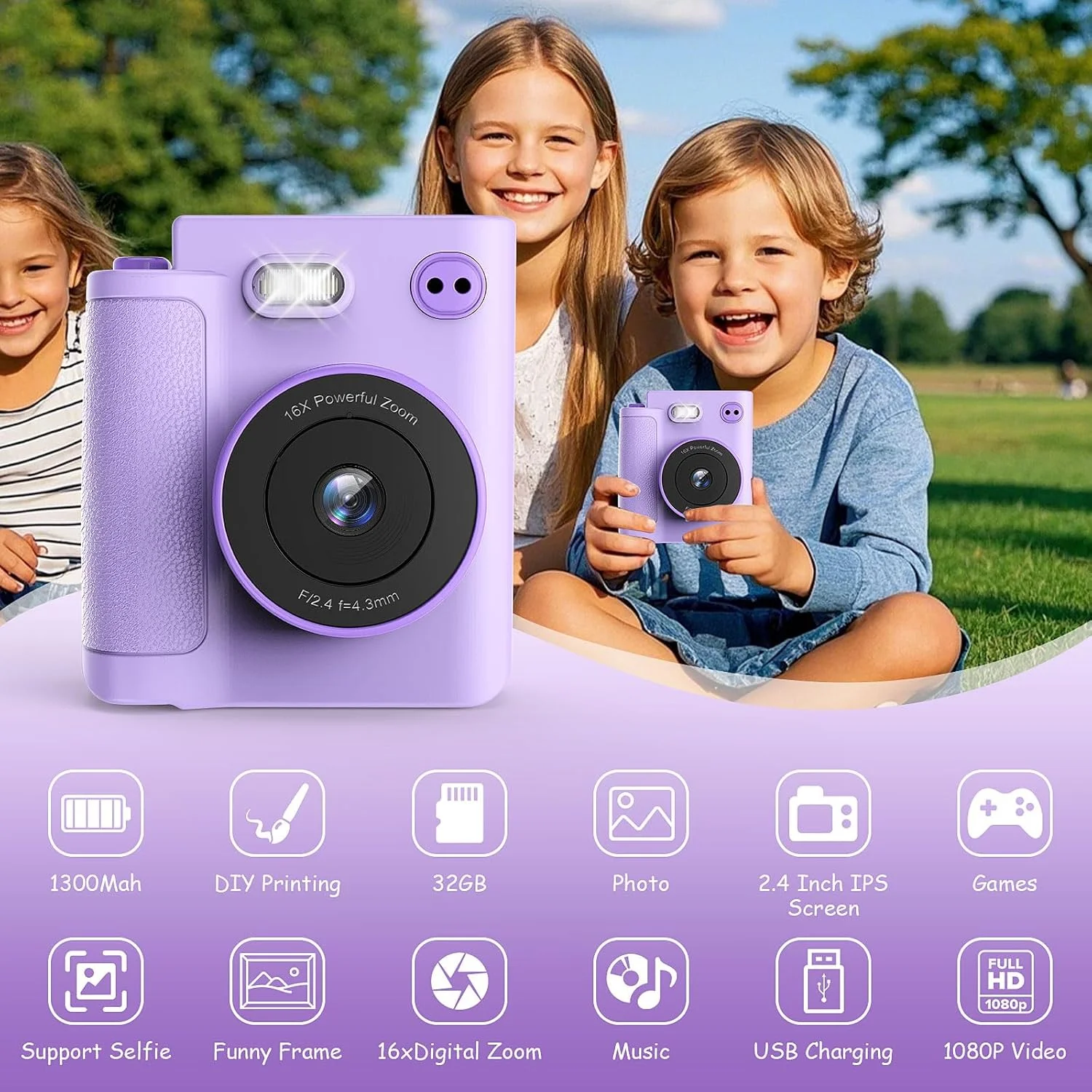 دوربین فوری کودکان Euakee، دوربین دیجیتال HD 1080P برای کودکان با صفحه نمایش 2.4 اینچی و کارت 32 گیگابایتی، دوربین فوری کودکان به همراه 3 رول کاغذ چاپ، هدیه برای پسران و دختران 3 تا 12 سال (بنفش)