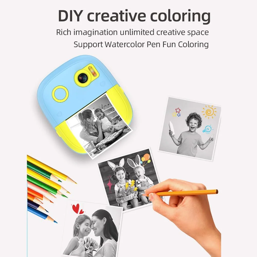 دوربین چاپ فوری حرارتی کودک Fawoonu با صفحه نمایش 2.4 اینچی، دوربین دیجیتال با قابلیت پشتیبانی از تایمر، فیلمبرداری 1080P/720P، چاپ حرارتی بدون جوهر با 3 رول کاغذ چاپ سفید + کارت حافظه 32 گیگابایتی + کارت خوان