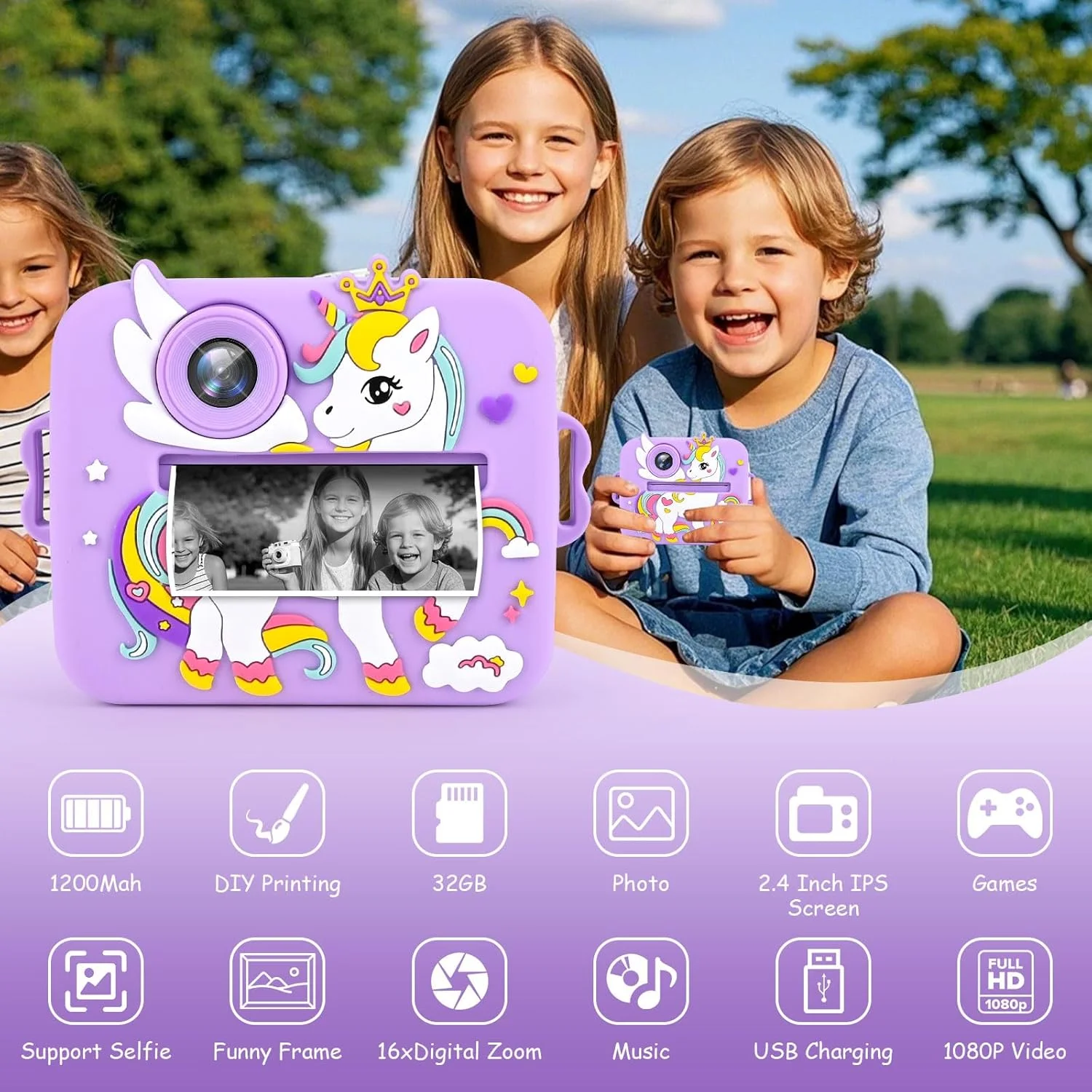 دوربین فوری کودکانه Euakee، دوربین دیجیتال 1080P HD برای کودکان با صفحه نمایش 2.4 اینچی و کارت 32 گیگابایتی، دوربین فوری کودکانه با 3 رول کاغذ چاپ، هدیه برای پسران و دختران 3-12 ساله (بنفش)