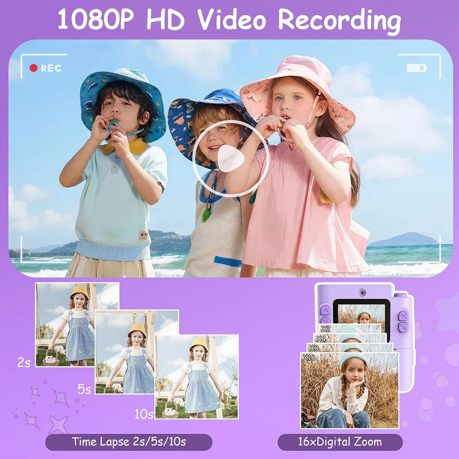 دوربین فوری کودکان Euakee، دوربین دیجیتال HD 1080P برای کودکان با صفحه نمایش 2.4 اینچی و کارت 32 گیگابایتی، دوربین فوری کودکان به همراه 3 رول کاغذ چاپ، هدیه برای پسران و دختران 3 تا 12 سال (بنفش)