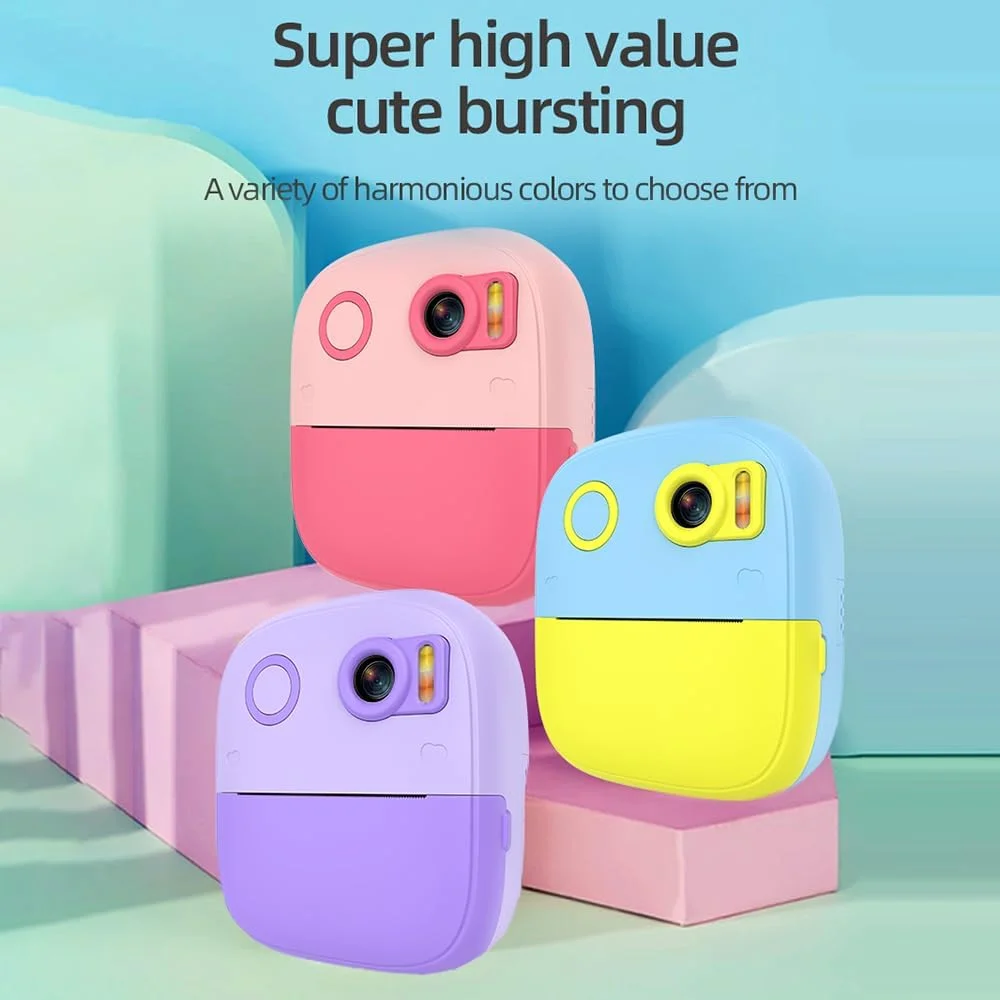 دوربین چاپ فوری حرارتی کودک Fawoonu با صفحه نمایش 2.4 اینچی، دوربین دیجیتال با قابلیت پشتیبانی از تایمر، فیلمبرداری 1080P/720P، چاپ حرارتی بدون جوهر با 3 رول کاغذ چاپ سفید + کارت حافظه 32 گیگابایتی + کارت خوان