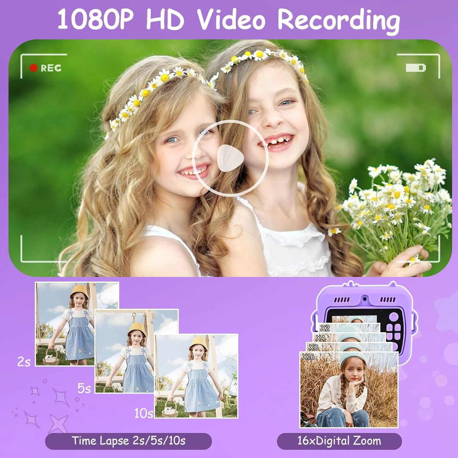 دوربین فوری کودکانه Euakee، دوربین دیجیتال 1080P HD برای کودکان با صفحه نمایش 2.4 اینچی و کارت 32 گیگابایتی، دوربین فوری کودکانه با 3 رول کاغذ چاپ، هدیه برای پسران و دختران 3-12 ساله (بنفش)