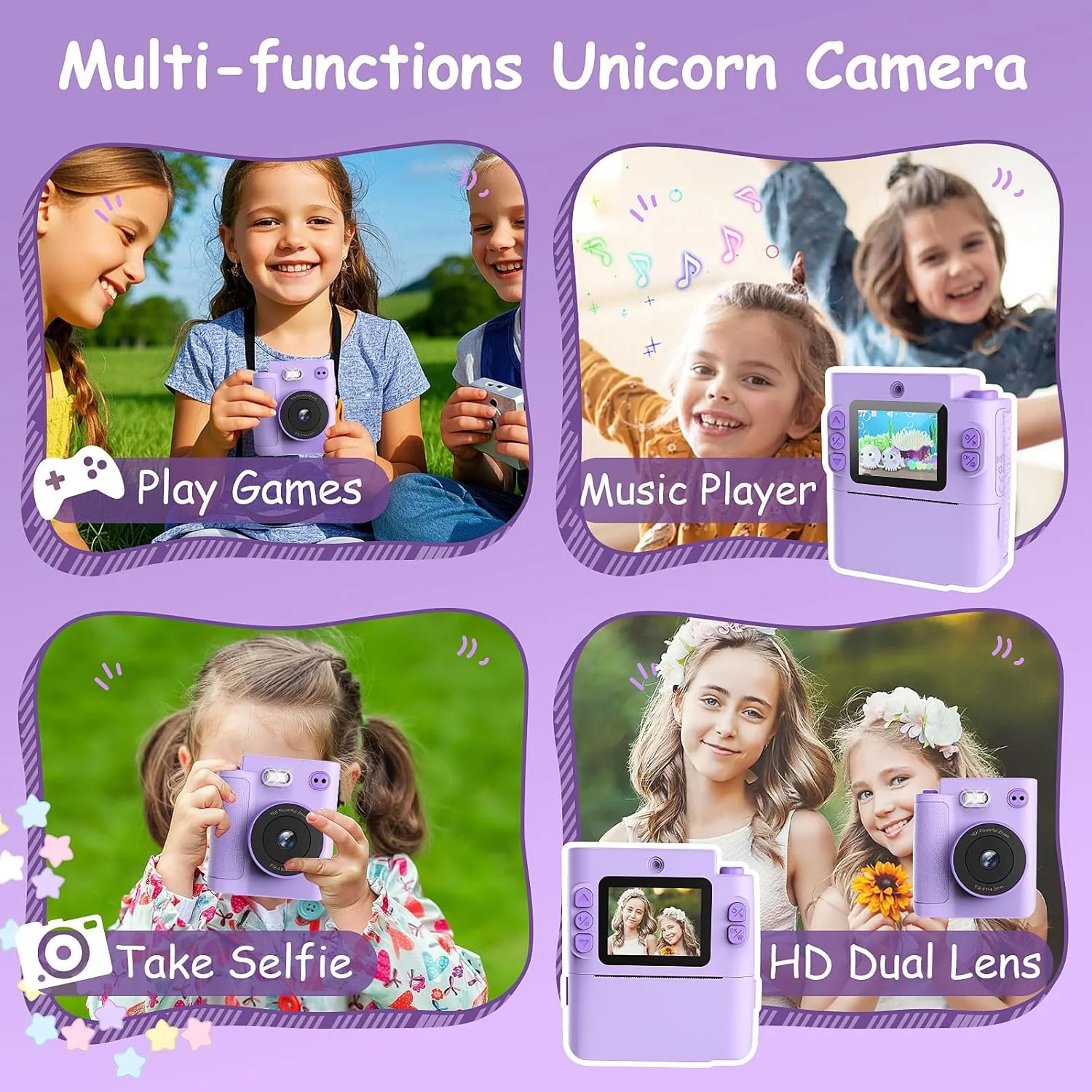 دوربین فوری کودکان Euakee، دوربین دیجیتال HD 1080P برای کودکان با صفحه نمایش 2.4 اینچی و کارت 32 گیگابایتی، دوربین فوری کودکان به همراه 3 رول کاغذ چاپ، هدیه برای پسران و دختران 3 تا 12 سال (بنفش)