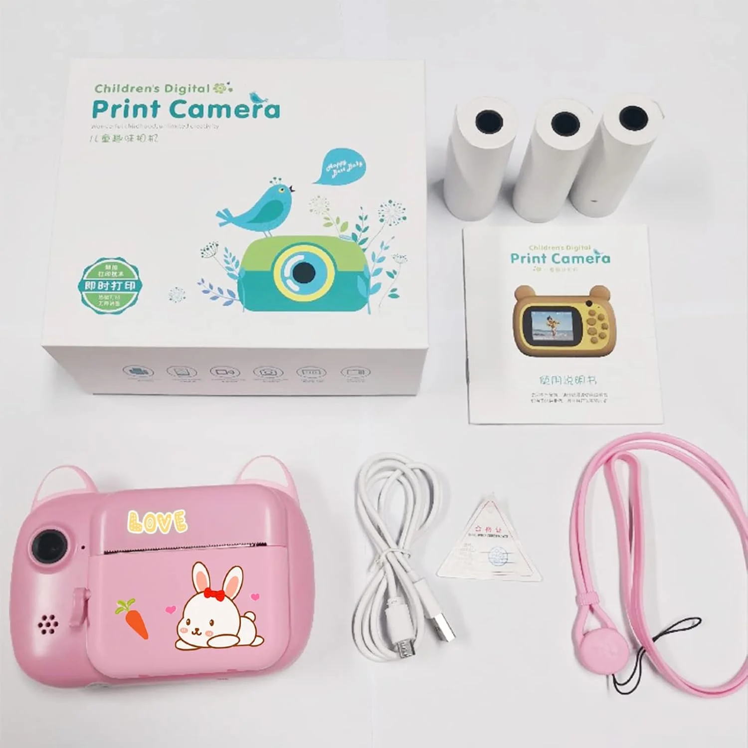 دوربین فوری چاپ عکس دیجیتال کودکان Fawoonu A7 با کیفیت 1080P، صفحه نمایش 2.4 اینچی 24 مگاپیکسلی، 3 رول کاغذ چاپ و طراحی کارت TF قابل تعویض برای کودکان