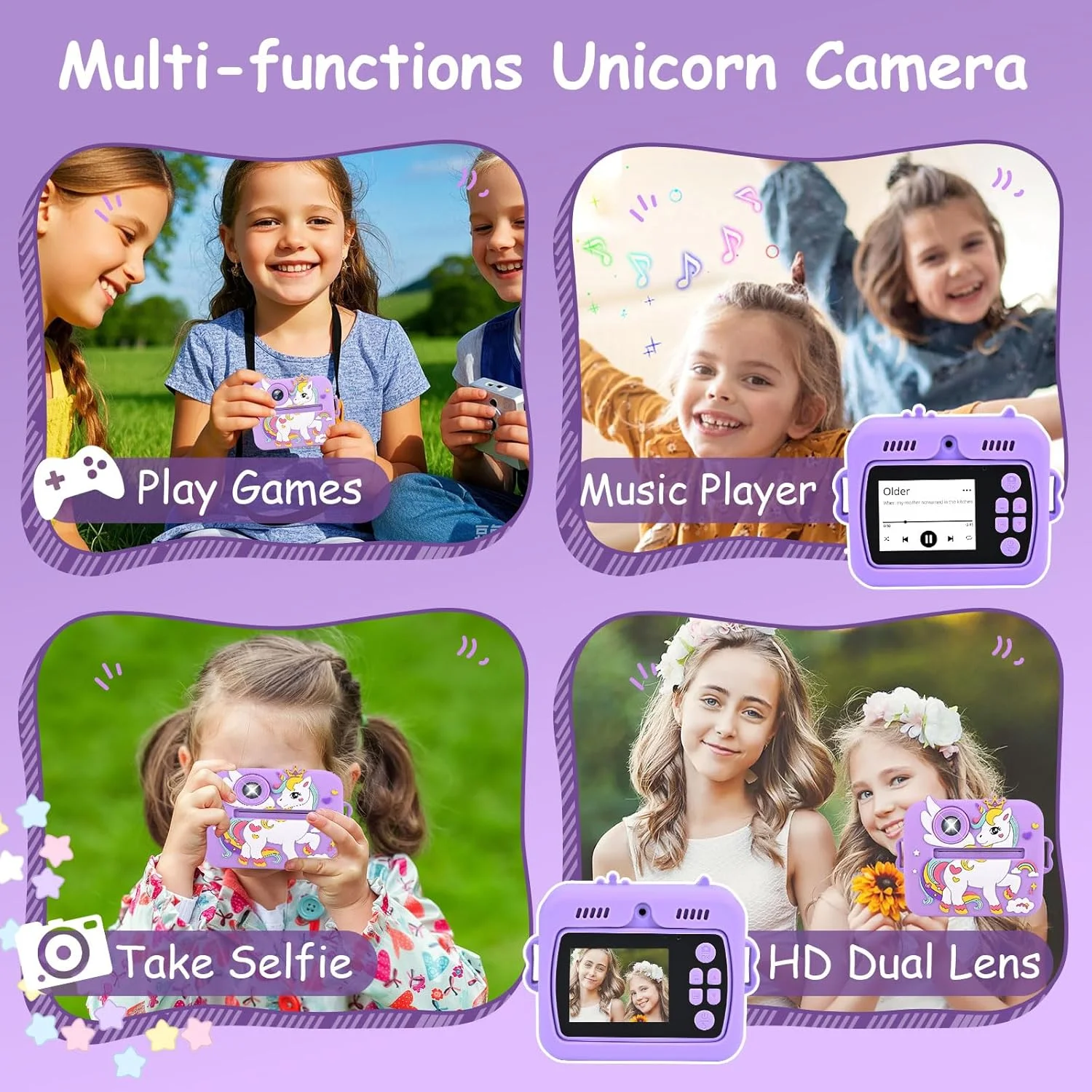 دوربین فوری کودکانه Euakee، دوربین دیجیتال 1080P HD برای کودکان با صفحه نمایش 2.4 اینچی و کارت 32 گیگابایتی، دوربین فوری کودکانه با 3 رول کاغذ چاپ، هدیه برای پسران و دختران 3-12 ساله (بنفش)