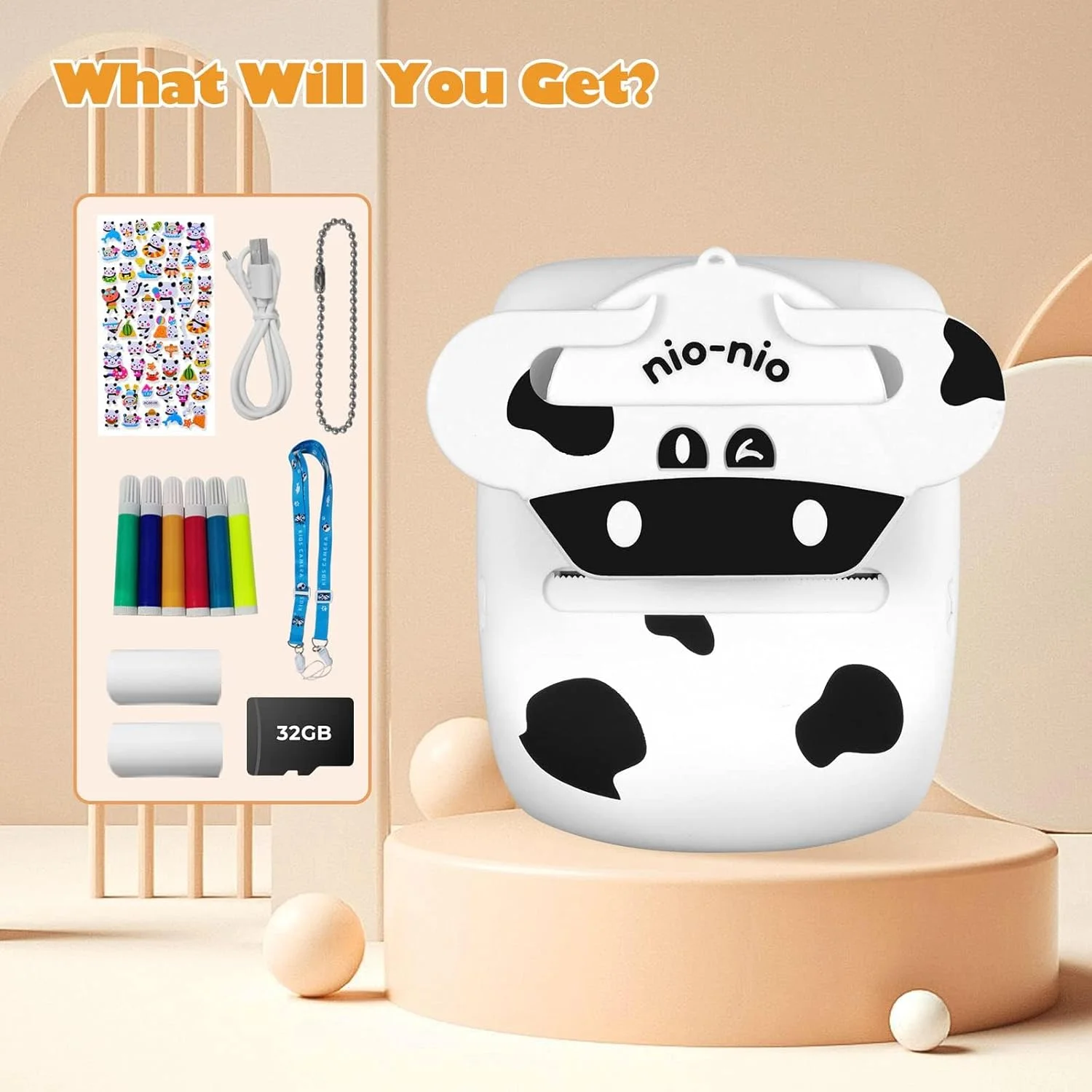 دوربین کودکان، 30 مگاپیکسل 1080P صفحه نمایش 2.4 اینچی دوربین فوری کودکان به همراه کاغذ چاپ و کارت 32 گیگابایتی، دوربین کودکان به همراه قلم های رنگی، هدیه برای اسباب بازی های کودکان از 3 سال (سفید)