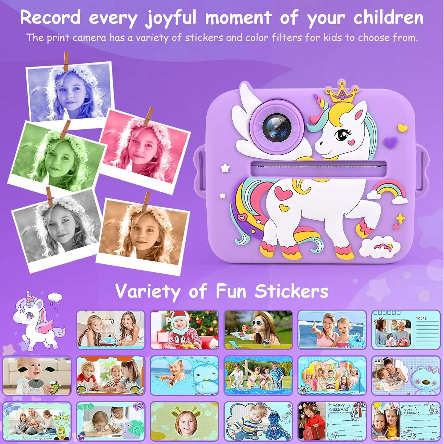 دوربین فوری کودکانه Euakee، دوربین دیجیتال 1080P HD برای کودکان با صفحه نمایش 2.4 اینچی و کارت 32 گیگابایتی، دوربین فوری کودکانه با 3 رول کاغذ چاپ، هدیه برای پسران و دختران 3-12 ساله (بنفش)