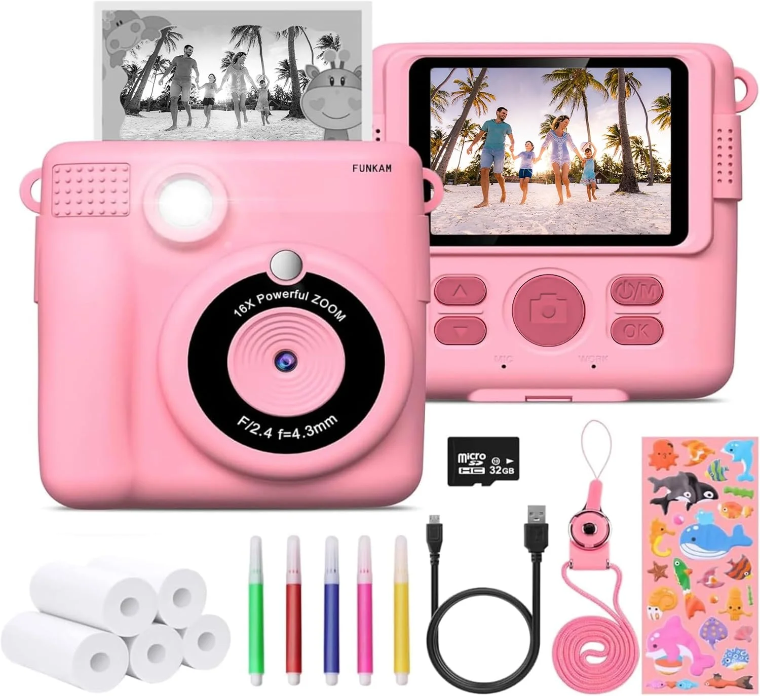 دوربین فوری چاپی کودکان Funkam با صفحه نمایش 2.4 اینچی 1080P، کاغذ چاپ، کارت TF 32 گیگابایتی، دوربین دیجیتال با قلم های رنگی - هدیه ای برای کودکان 3-12 سال (صورتی). شامل 5 رول کاغذ، استیکر، کارت SIM 32 گیگابایتی، 5 ماژیک، آویز، کابل USB و دفترچه راهنما.