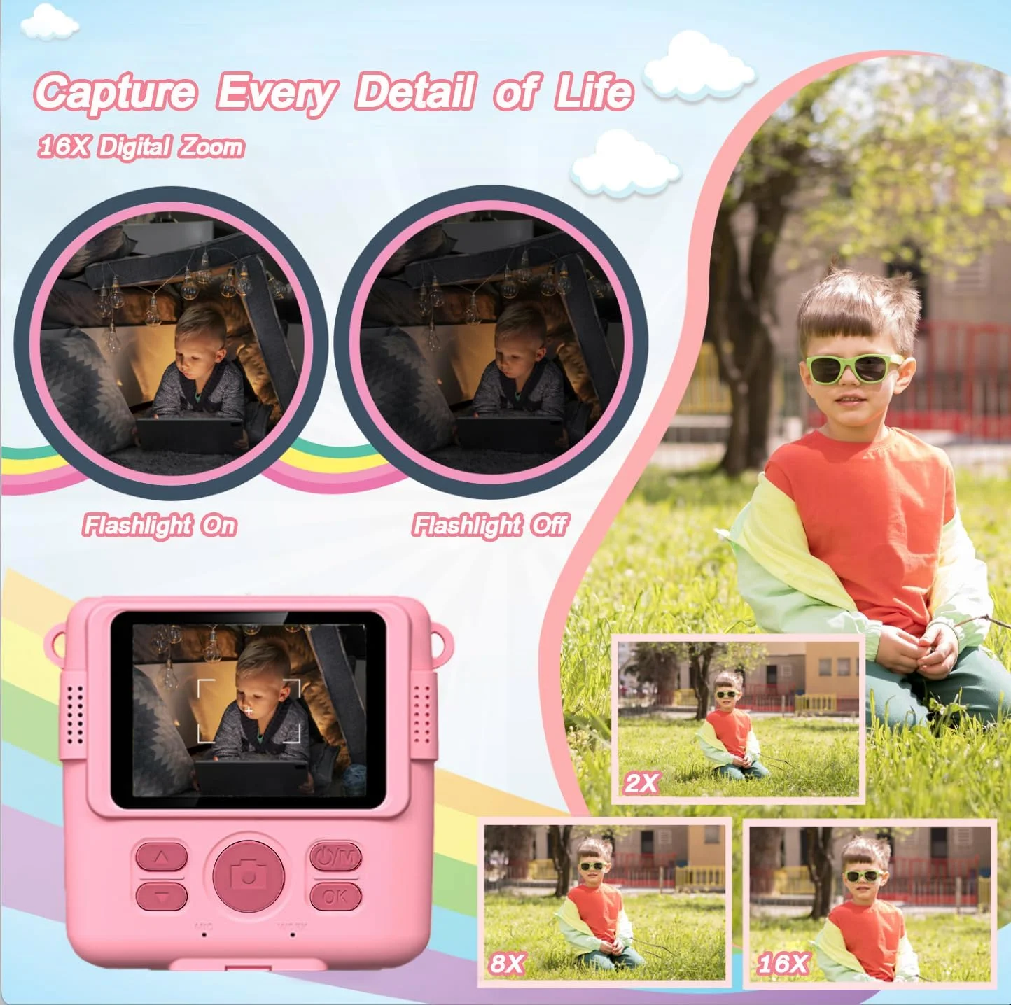 دوربین فوری چاپی کودکان Funkam با صفحه نمایش 2.4 اینچی 1080P، کاغذ چاپ، کارت TF 32 گیگابایتی، دوربین دیجیتال با قلم های رنگی - هدیه ای برای کودکان 3-12 سال (صورتی). شامل 5 رول کاغذ، استیکر، کارت SIM 32 گیگابایتی، 5 ماژیک، آویز، کابل USB و دفترچه راهنما.