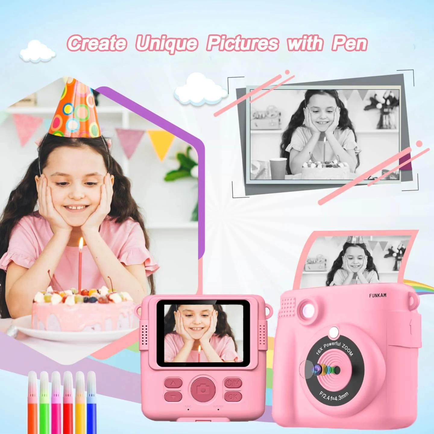 دوربین فوری چاپی کودکان Funkam با صفحه نمایش 2.4 اینچی 1080P، کاغذ چاپ، کارت TF 32 گیگابایتی، دوربین دیجیتال با قلم های رنگی - هدیه ای برای کودکان 3-12 سال (صورتی). شامل 5 رول کاغذ، استیکر، کارت SIM 32 گیگابایتی، 5 ماژیک، آویز، کابل USB و دفترچه راهنما.