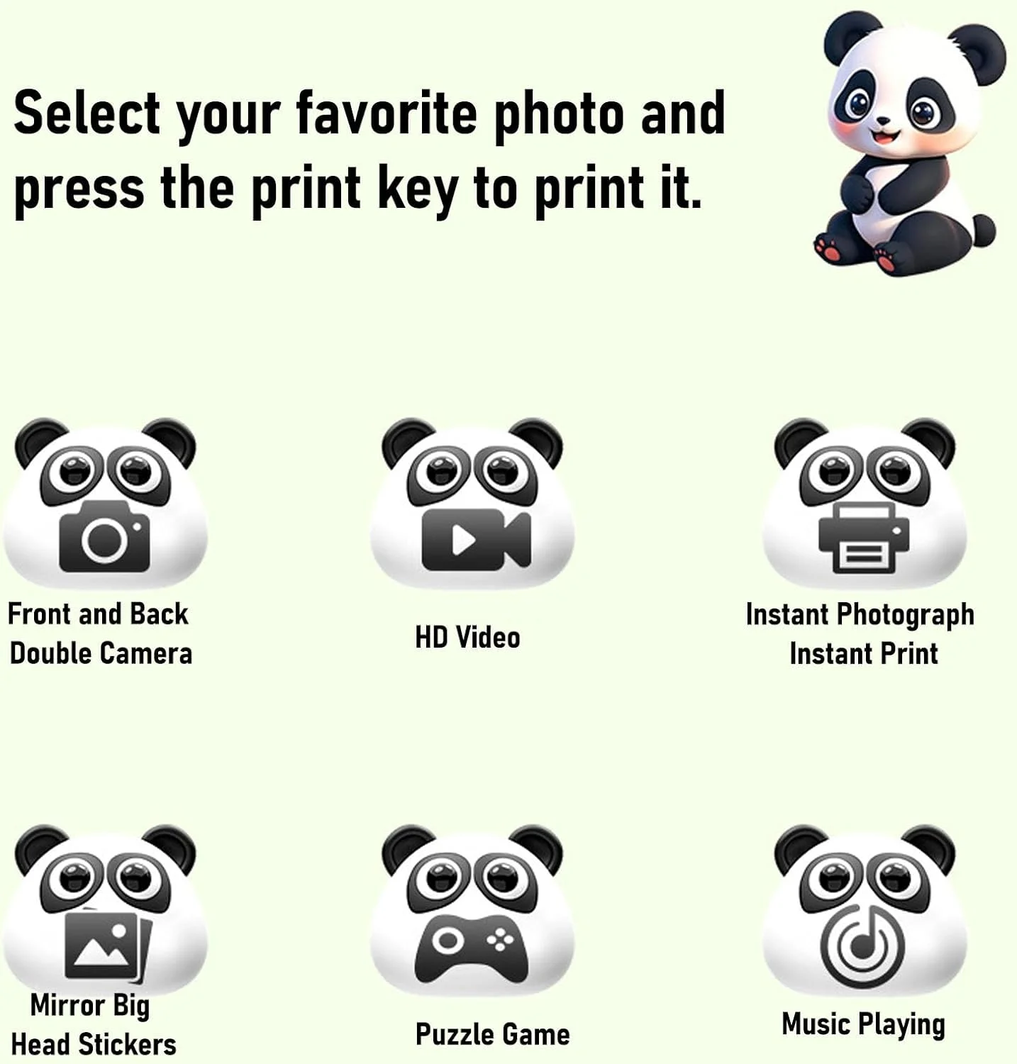 دوربین چاپ فوری دو لنز 48 مگاپیکسلی، زوم 16 برابر، ضبط ویدیویی HD، پخش موسیقی، فیلترهای استیکری سرگرم کننده برای بازی، جنس ABS، باتری 1300 میلی آمپر ساعتی، 2 ساعت زمان شارژ، پورت Type C (پاندای سبز)