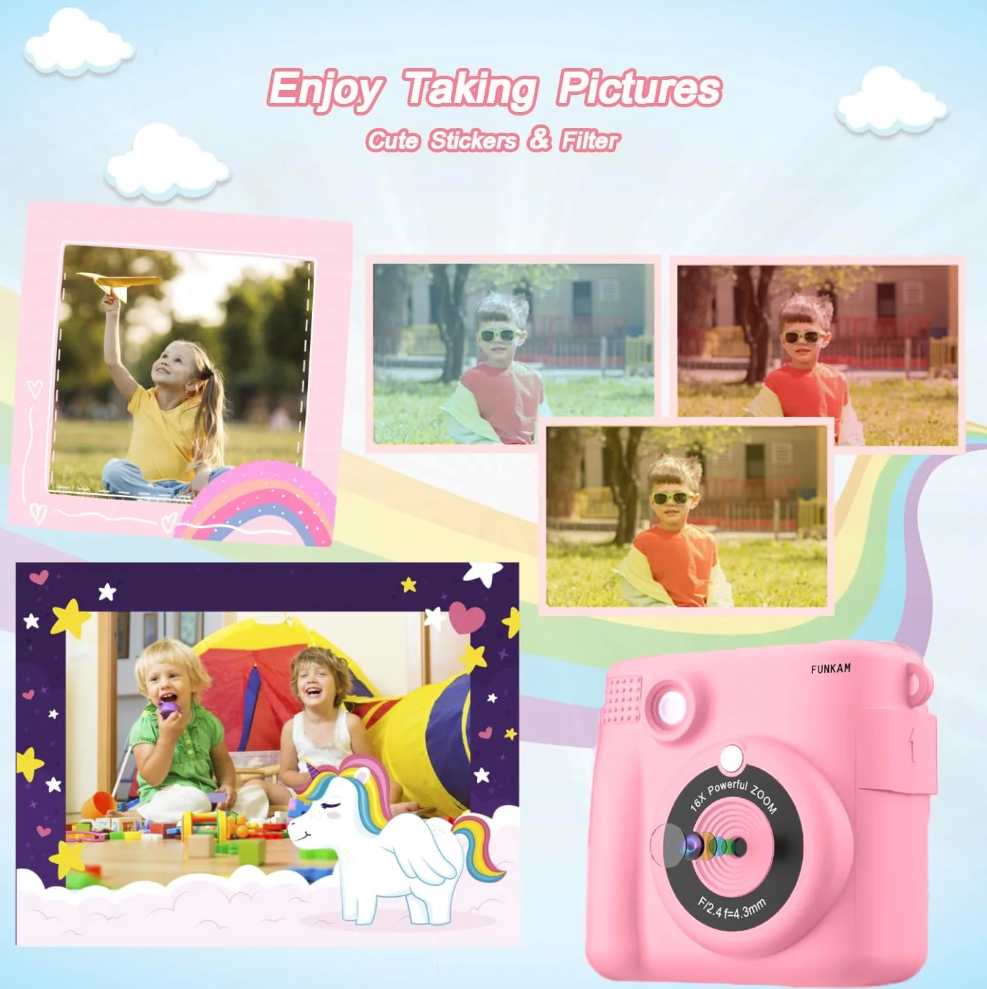 دوربین فوری چاپی کودکان Funkam با صفحه نمایش 2.4 اینچی 1080P، کاغذ چاپ، کارت TF 32 گیگابایتی، دوربین دیجیتال با قلم های رنگی - هدیه ای برای کودکان 3-12 سال (صورتی). شامل 5 رول کاغذ، استیکر، کارت SIM 32 گیگابایتی، 5 ماژیک، آویز، کابل USB و دفترچه راهنما.